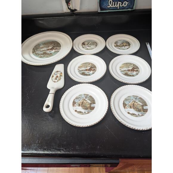 Currier&Ives 7 plate collection with pie server - Picture 2 of 16